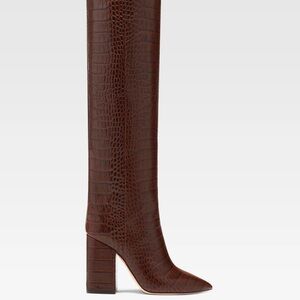 Paris Texas Anja Knee High Rich Brown Croc-Embossed Heeled Leather Boots.